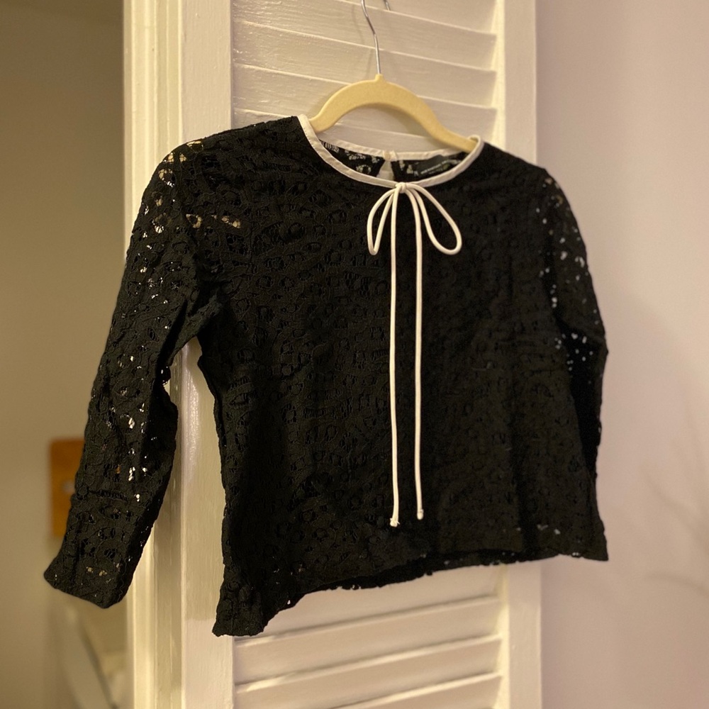 Zara Black Lace Long Sleeve Top | Size S | White Tie Detail